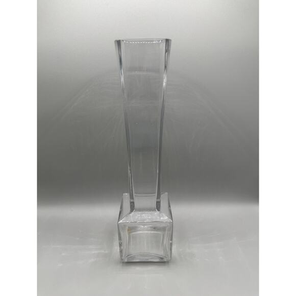 Vase Square Base Fluted Stem Clear Glass MCM Modernistic Clean Lines Vintage - Picture 4 of 8